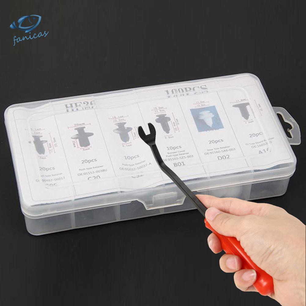 Bộ 100 Đinh Tán Nhựa Cho Xe Ô Tô Có 6 Kích Cỡ Đa năng + Công Cụ Tháo Bỏ 6 inch