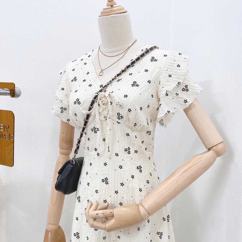 Váy Hoa Nhí Tay Cánh Tiên, Đầm Xoè Hoa Nhí Đũi Mát