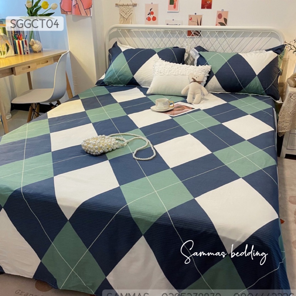 Drap Giường Cotton Họa Tiết Kẻ, Bộ Ga Giường 3 Món