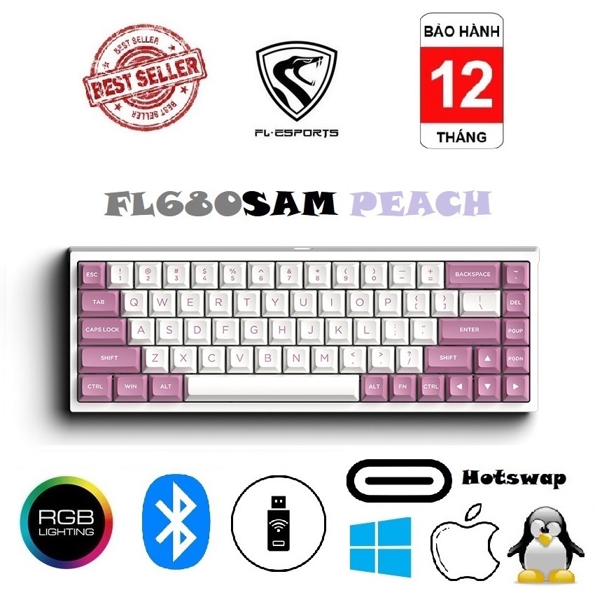 Phím cơ FL-Esports FL680 SAM Peach RGB/ Bluetooth / Wireless 2.4Ghz / Gateron Cap Switch