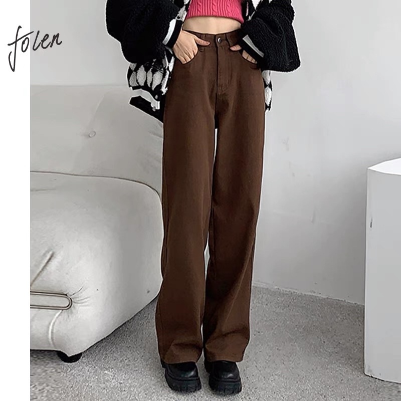 Quần Kaki jean nâu đất ống rộng lưng cao cực cá tính | BigBuy360 - bigbuy360.vn
