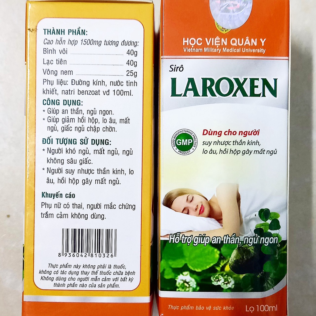 Siro thảo dược Laroxen chai 100ml học viện quân y. Giúp an thần tạo giấc ngủ ngon, ngủ sâu giấc