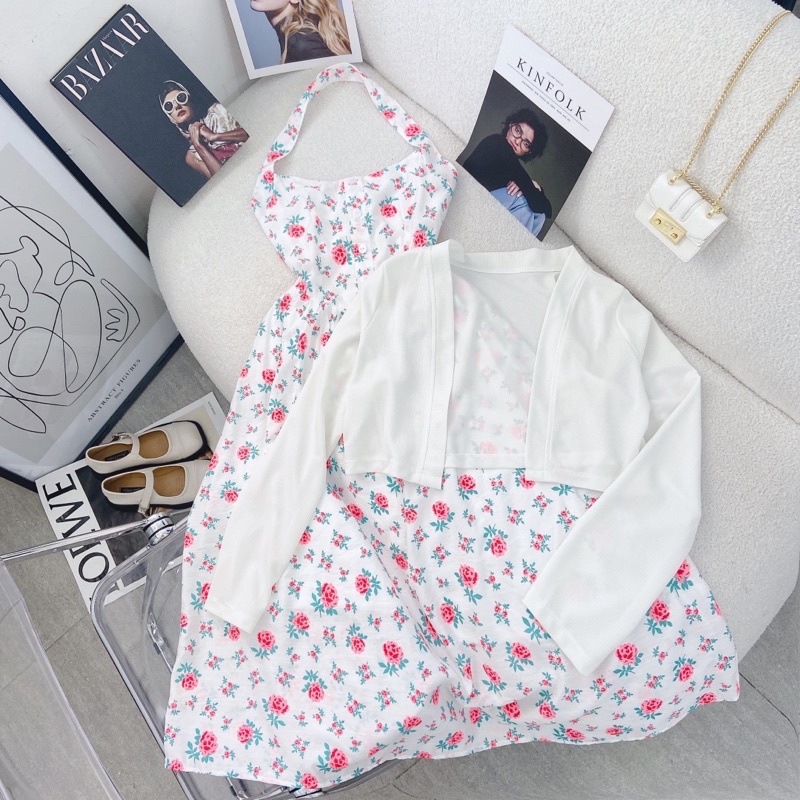 SET ĐẦM HOA CỔ YẾM HỞ LƯNG + ÁO KHOÁC TRẮNG
