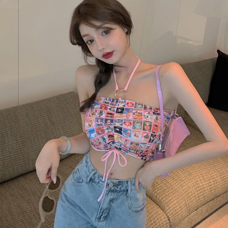 Áo Croptop Sát Nách Hoạ Tiết In Phong Cách Hàn Quốc Quyến Rũ
