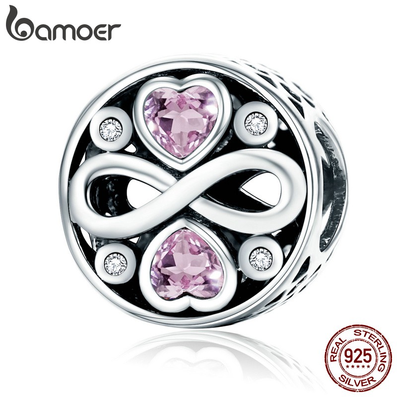 Phụ kiện hạt charm Bamoer thiết kế hoa văn trang trí dây chuyền/vòng tay mạ bạc 925 đính đá sang trọng
