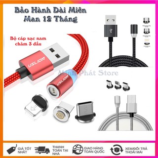 Cáp Sạc Nam Châm 3 Đầu SAMSUNG/IPHONE/TYPE C Dây Bọc Dù Siêu Bền Có Đen LED Cao Cấp, Tốc Độ Ổn Định 412