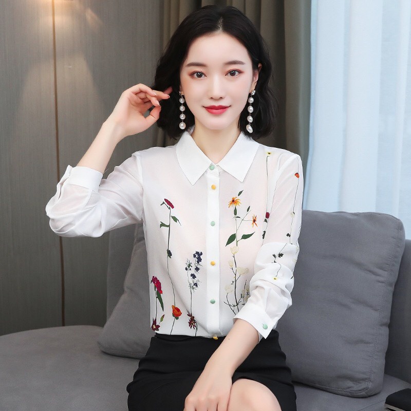 Áo Sơ Mi Nữ Tay Dài Công Sở Phối Họa Tiết Hoa Lá Siêu Xinh Chất Liệu Cao Cấp, Không Nhăn, Không Xù, Không Phai Màu