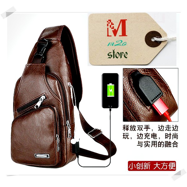 Túi đeo chéo da nam cao cấp thời trang hàn quốc có cổng sạc USB + lỗ tai nghe Hot 2019 - M01