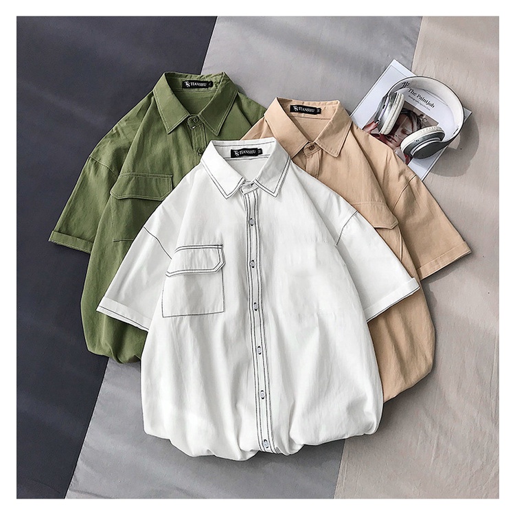 Áo Sơ Mi Tay Ngắn Chỉ Nổi Unisex Chất Kaki Đẹp Thoáng Mát,Sơ Mi Cộc Tay Nam Nữ Viền Chỉ Cao Cấp