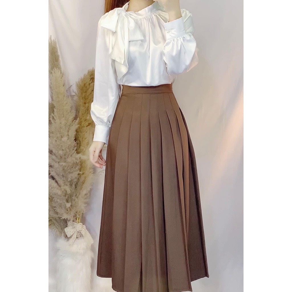 Chân váy xếp ly TENNIS dáng dài xòe Midi công sở qua gối có BIGSIZE màu nâu tây chất tuyết mưa CAO CẤP CV17