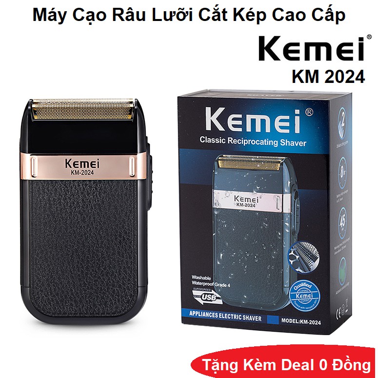 Máy Cạo Râu Tông Đơ Lưỡi Cắt Kép KEMEI KM-2024 SẠC USB Thông Minh có tặng 1 đầu THAY THẾ - BẢO HÀNH 12 THÁNG