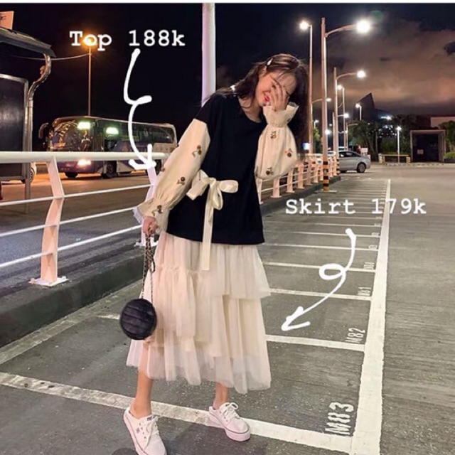 Order | Set áo thun dài tay, chân váy xòe xếp tầng ulzzang M1233