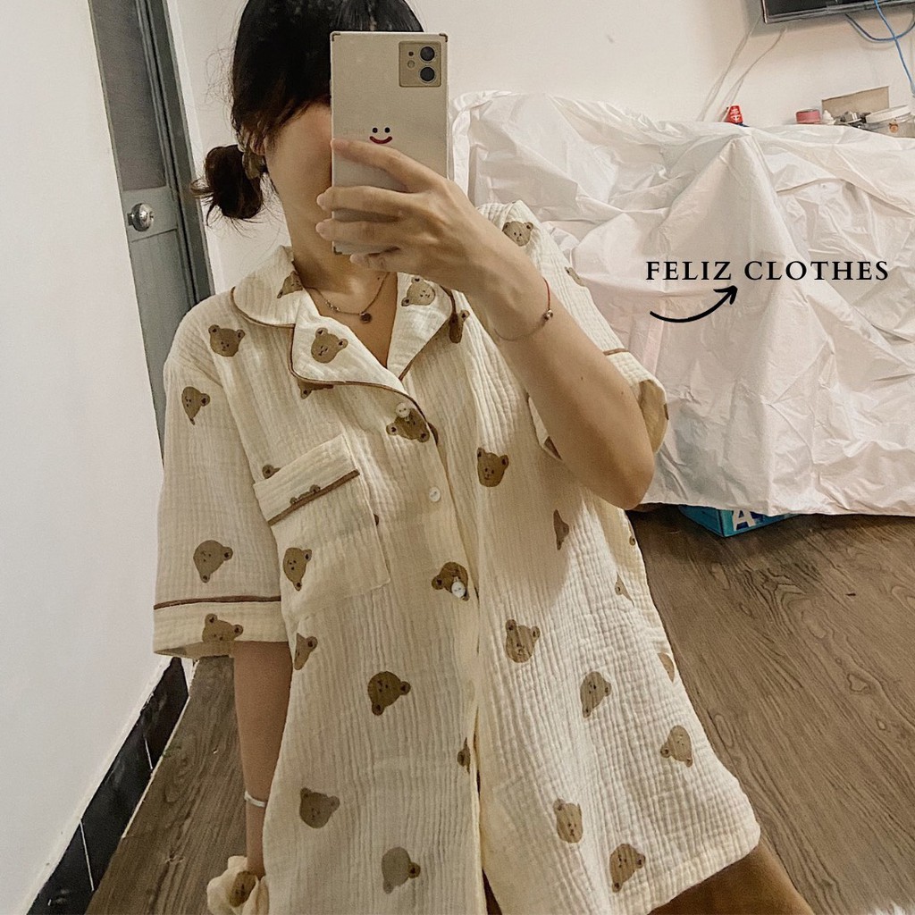 Pyjama xô muslin gấu nâu siêu dễ thương