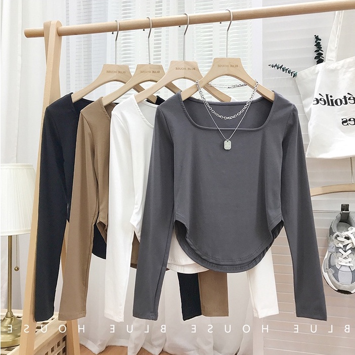 SUXI Áo Thun Tay Dài Cổ Vuông Màu Sắc Thời Trang Cho Nữ