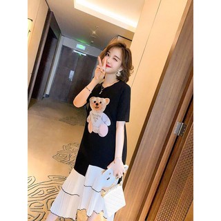 Hàng qc - đầm suông thun in gấu lai voan dập ly - mh245