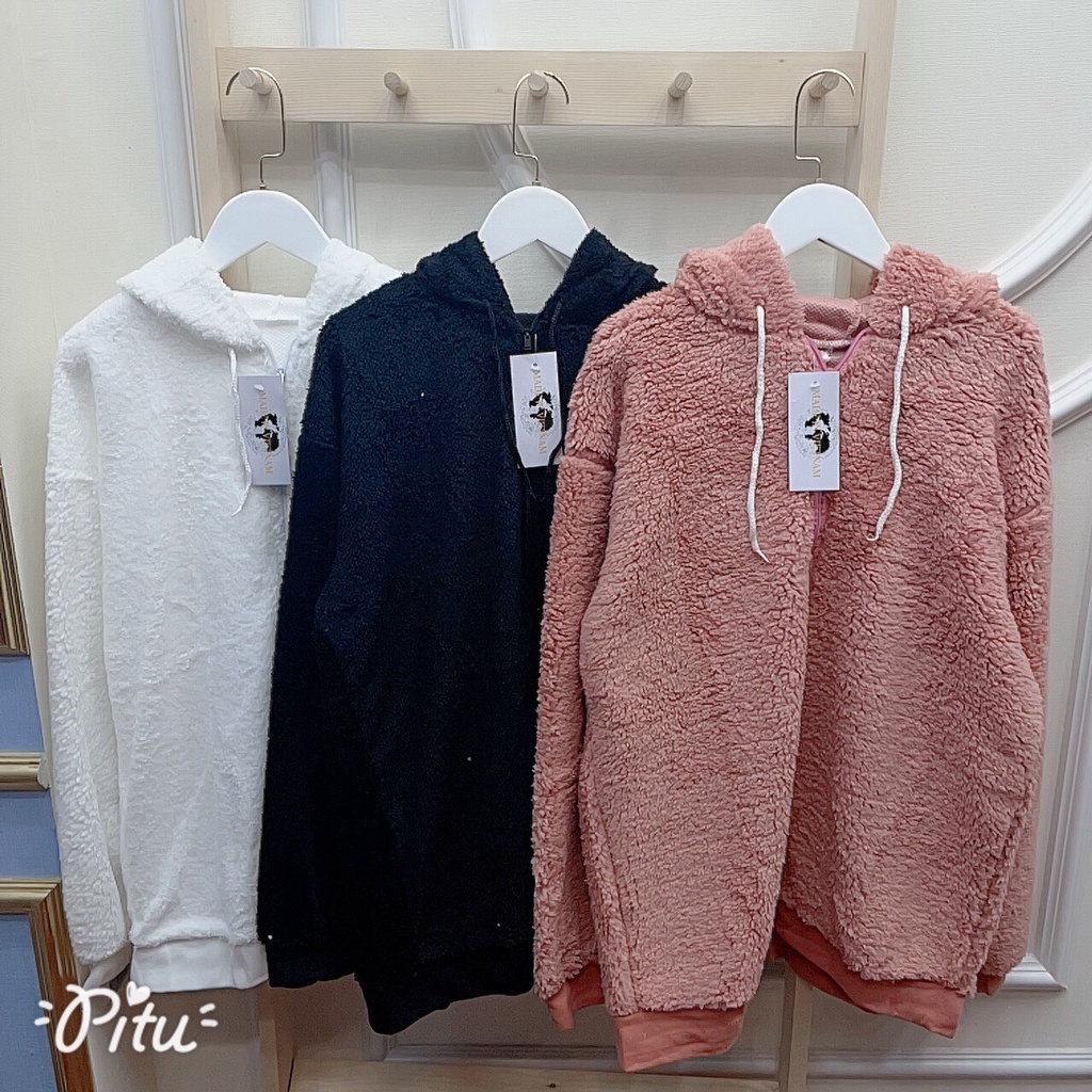 Áo khoác lông gấu tai xù đáng yêu, có 3 màu đen, trắng, hồng, có ảnh và video thật