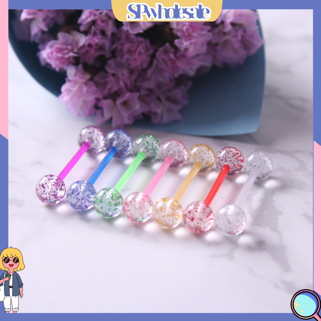 Bộ 8 khuyên xỏ lưỡi thiết kế trái bóng gắn hai đầu phối hạt kim sa phụ kiện cho nam và nữ