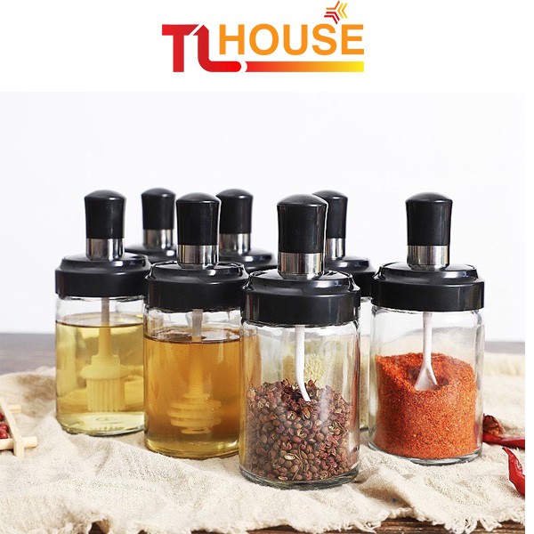 Hũ gia vị kèm thìa thông minh 250ml, lọ thủy tinh gắn chổi phết dầu, mật - TALI HOUSE