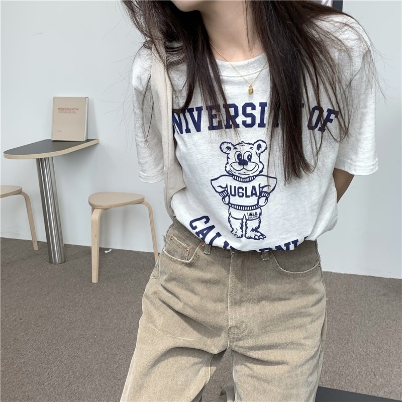 Áo thun nữ ngắn tay in hình phong cách retro