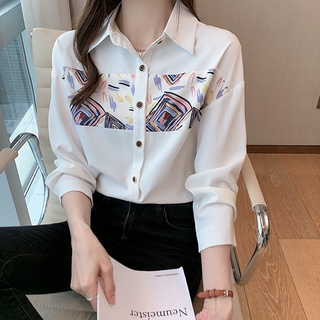 Áo Kiểu Chất Chiffon Tay Dài Hoạ Tiết In Phong Cách Vintage Cho Nữ