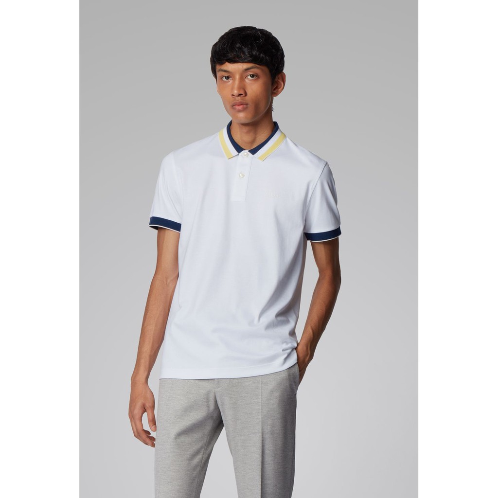 Áo Polo Nam Hugo Boss Slim Fit Polo Shirt In Cotton With Striped Collar White