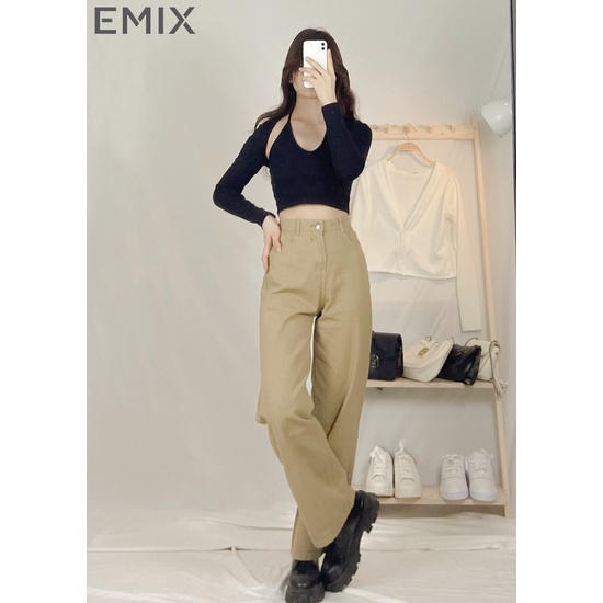 Quần jean nữ basic EMIX (màu nâu tây), công sở, dáng dài, cạp cao, ống suông, kiểu trơn, vải kaki mềm nhẹ J45444