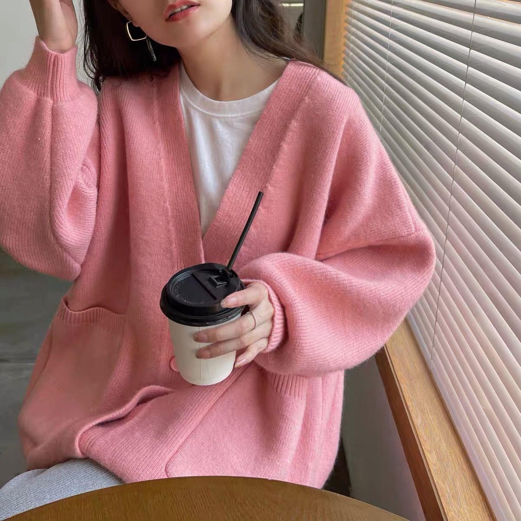 Áo cardigan Len Dáng Rộng Cổ Chữ V Màu Xanh Dương Sữa Phong Cách Thời Trang Thu Đông Hàng Mới 2022