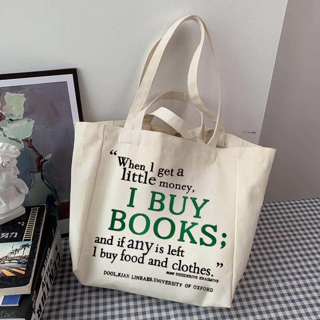 Túi tote HAZIN vải canvas ulzzang unisex in chữ I Buy Book có khoá miệng túi nhỏ bên trong HZ58