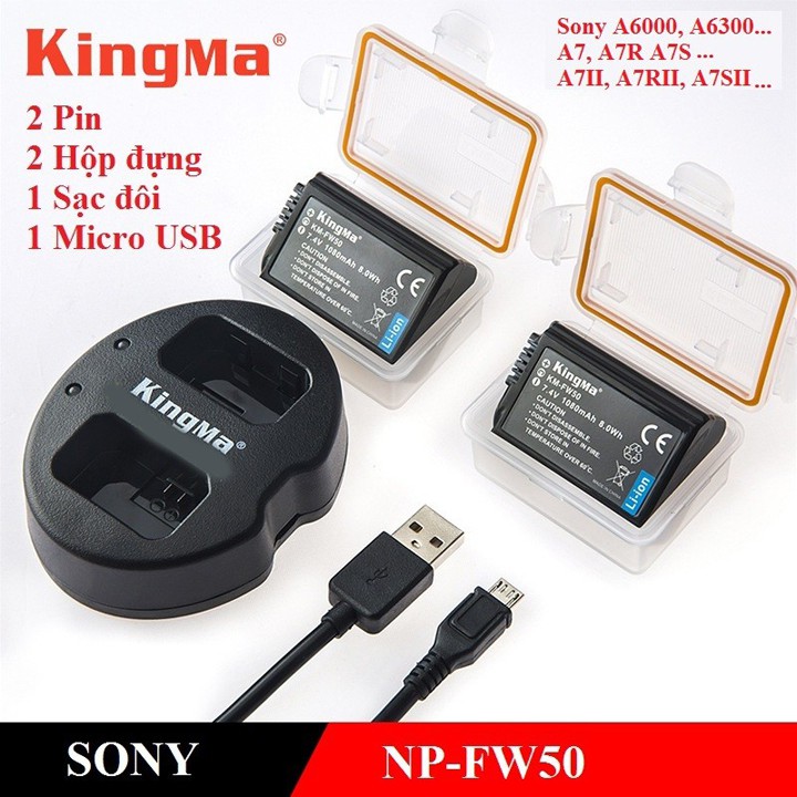 Bộ 2 pin sạc + Đốc sạc đôi NP-FW50 cho Sony A6000 A6300 A6500 – KingMa