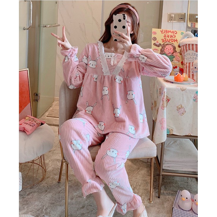 Đồ Bộ Pijama 🌸 Bộ Ngủ Thu Đông Nữ Chất Liệu Nhung Tăm Tay Dài MSP446 | BigBuy360 - bigbuy360.vn