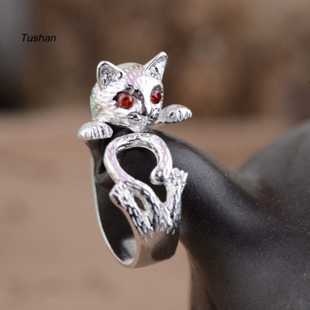 Nhẫn đeo tay hình mèo mắt đỏ đính đá phong cách cổ điển dành cho nữ