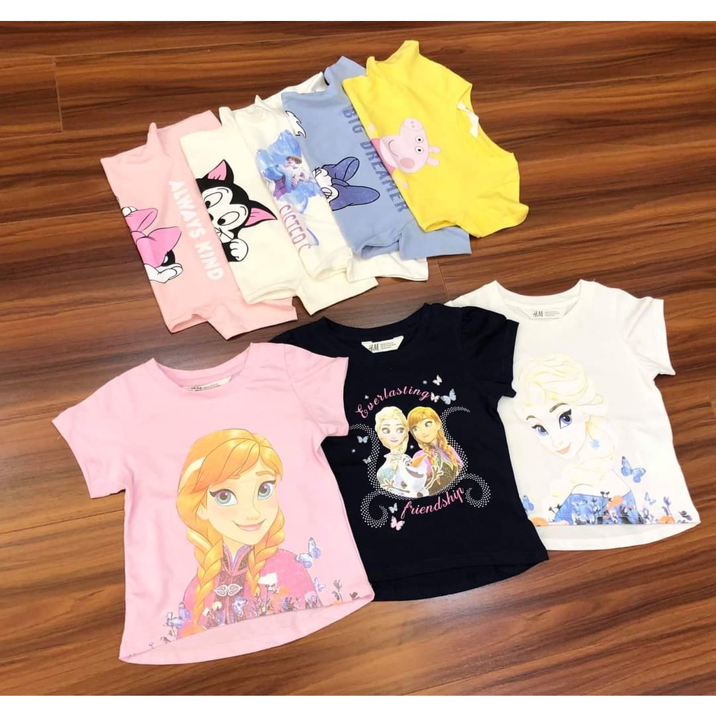 Áo cộc tay hm cho bé gái thun cotton in hình mikey , elsa dễ thương