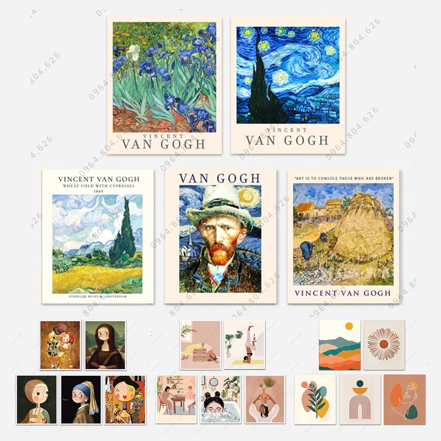 Bộ 5 tranh dán tường, dày 5mm tranh decor, trang trí tranh canvas sticker có sẵn băng keo 2 mặt