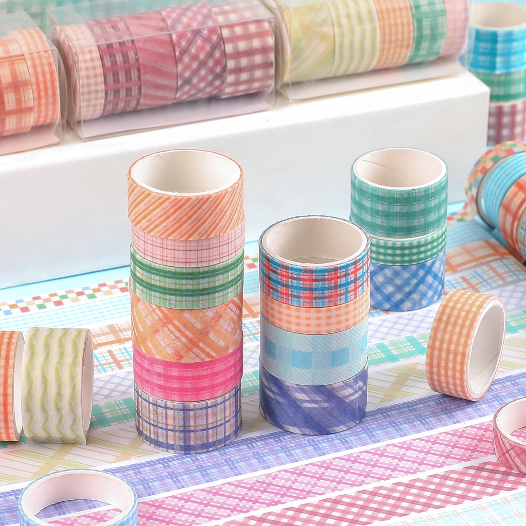 Bộ 5 cuộn washi grid màu pastel dễ thương băng keo dùng trang trí sổ tay | BSW127