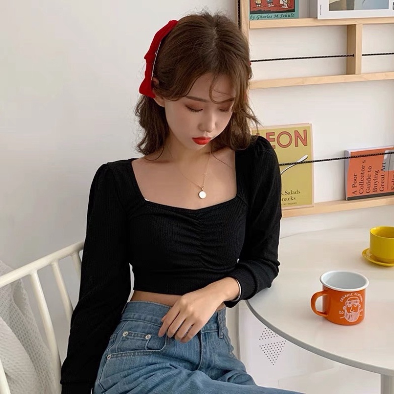 Áo Croptop Nữ Tay Phồng Tay Dài Cổ Vuông Nhún Ngực 2 Màu Cơ Bản  THE POSE
