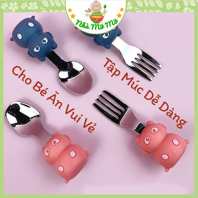 Muỗng nĩa cán ngắn cho bé thìa dĩa cán ngắn tập múc ăn hình gấu - Nhà Mỡ