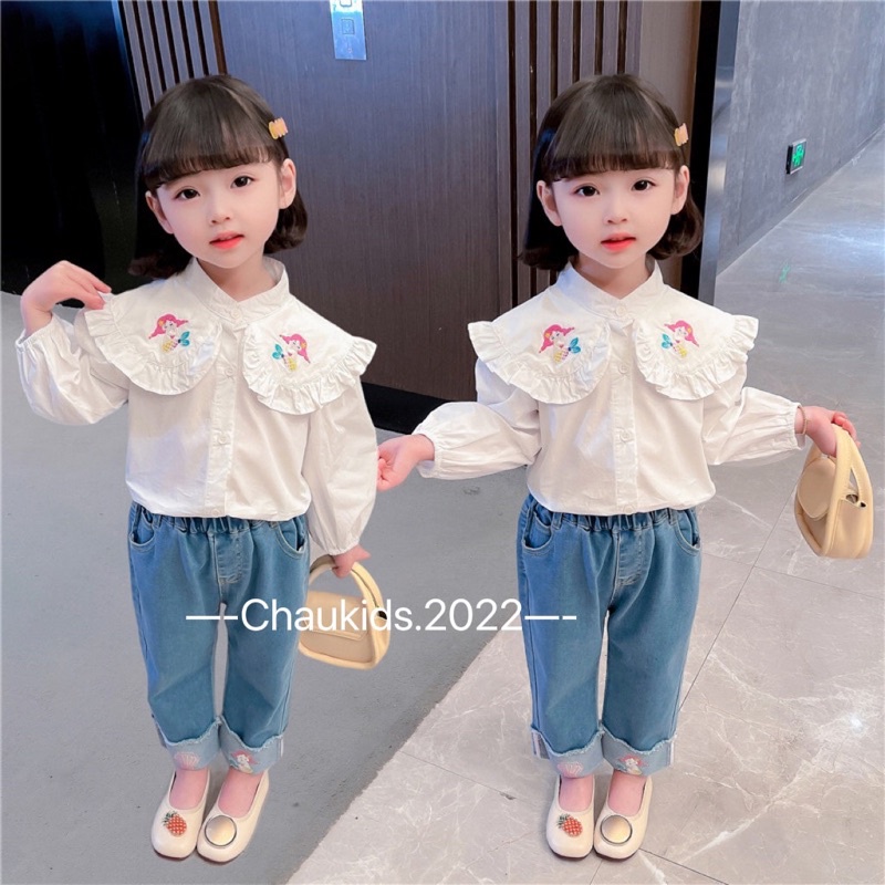 Set áo sơ mi cổ bèo thêu cô gái + quần jean cho bé gái