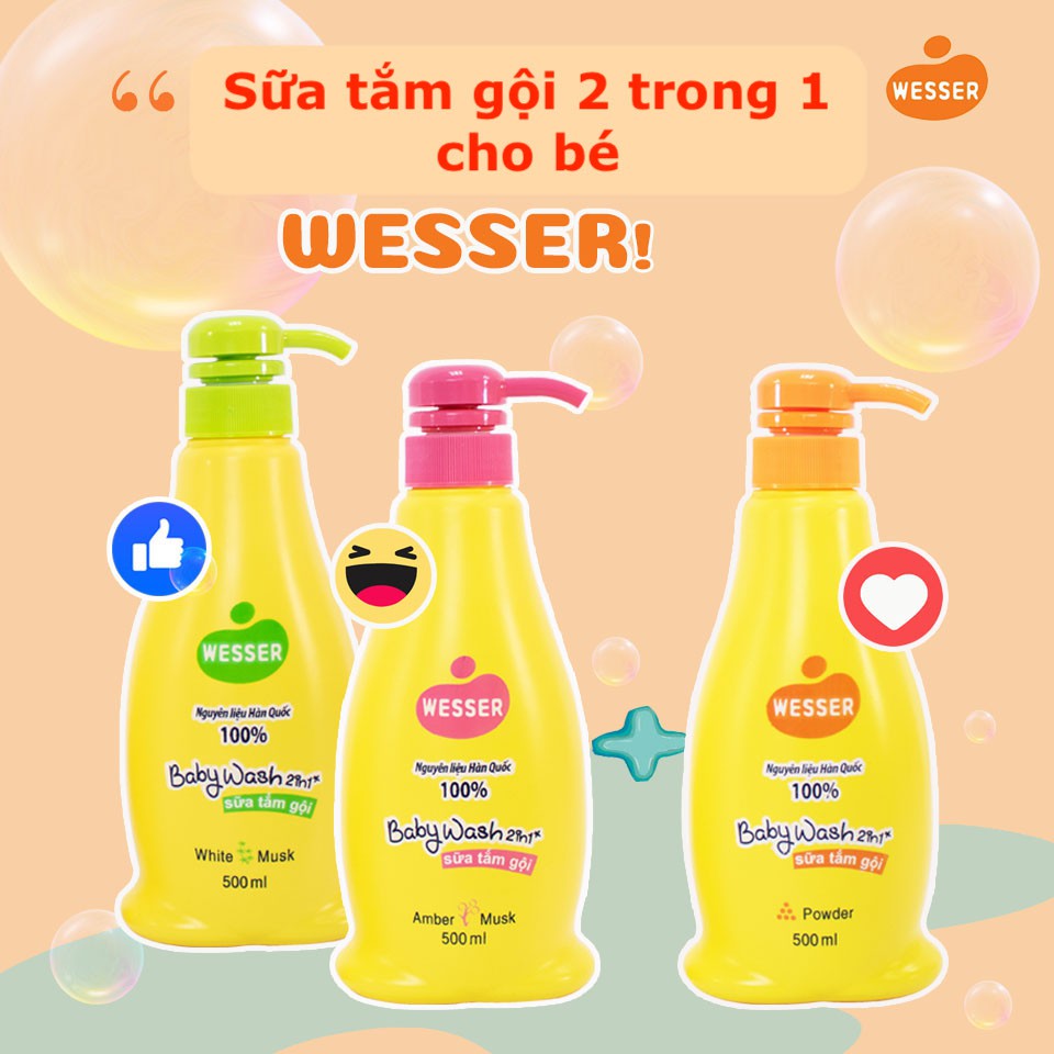 Sữa Tắm Gội Wesser 2 In 1 500ml - Cam/Xanh Lá/Hồng