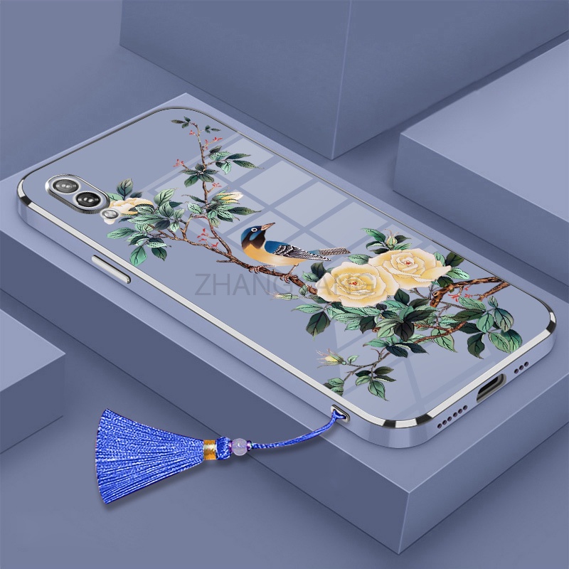 ốp lưng vivo y91 y91c y1s y93 y95 Vỏ điện thoại di động TPU hoa văn chim và hoa được mạ điện có dây buộc tua