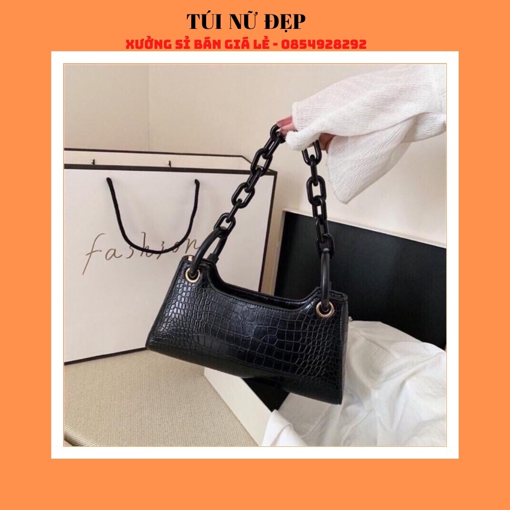 Túi đeo chéo nữ 💖 𝑭𝑹𝑬𝑬𝑺𝑯𝑰𝑷 💖 Túi kẹp nách xích nhựa bản to thời trang da vân cá sấu 2020