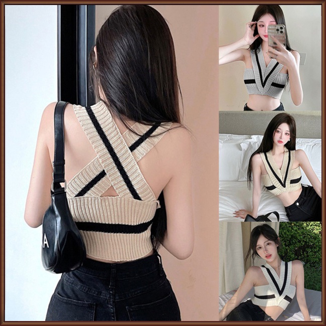 Áo Croptop Dệt Kim Sát Nách Cổ Chữ V Họa Tiết Kẻ Sọc Thời Trang Mùa Hè Cho Nữ