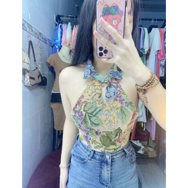 Áo thổ cẩm kiểu yếm cổ trụ đan dây sau lưng chất vải bố Cam Kết Hàng Y Hình kèm ảnh thật chính chủ ( size từ 40-55kg)