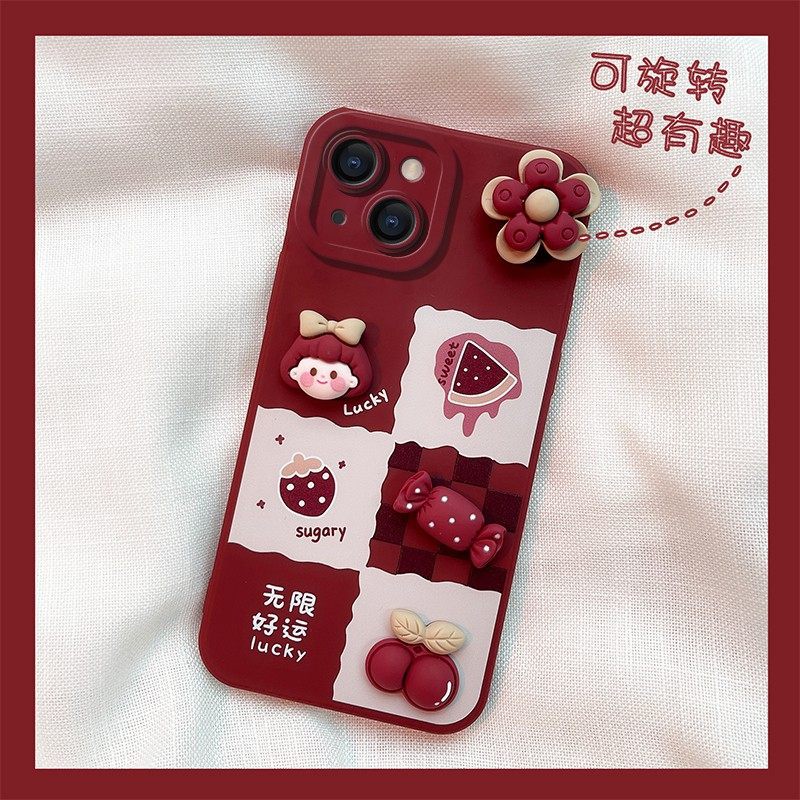 Ốp lưng Iphone đỏ rượu style Hàn gắn charm đỏ cherry cho 13Promax/13Pro/13/12Promax/..../6Plus/6