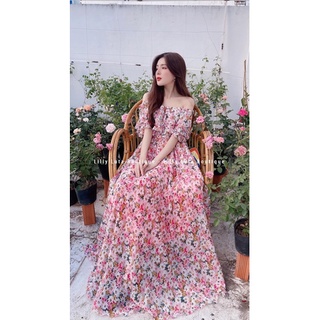 (miễn phí chỉnh váy) đầm maxi trễ vai hoa nhí đi biển du lịch chụp ảnh sống ảo dễ thương đà lạt