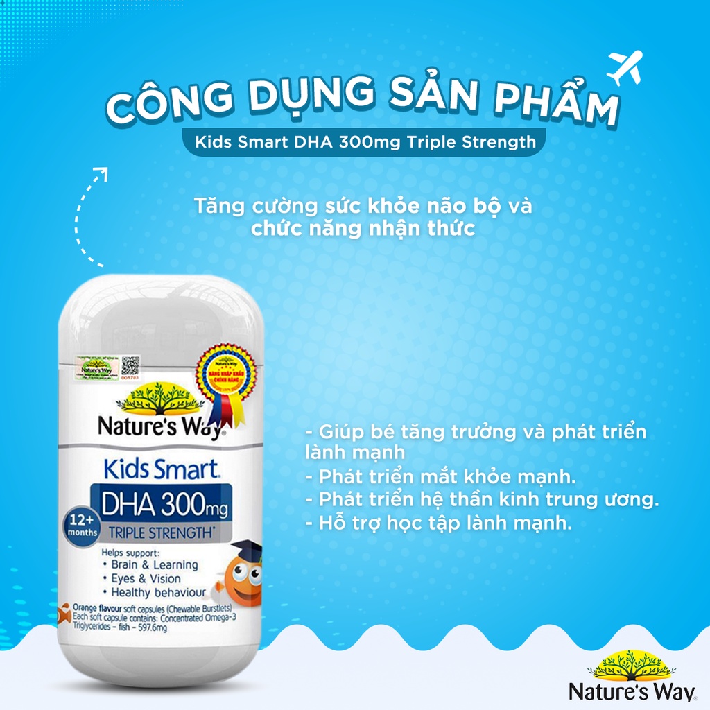 Combo Phát Triển Trí Não, Tăng Chiều Cao NATURE'S WAY Kids Smart DHA 300mg +Calcium, Vitamin D3  Cho Bé Từ 1 Tuổi 50v/lọ