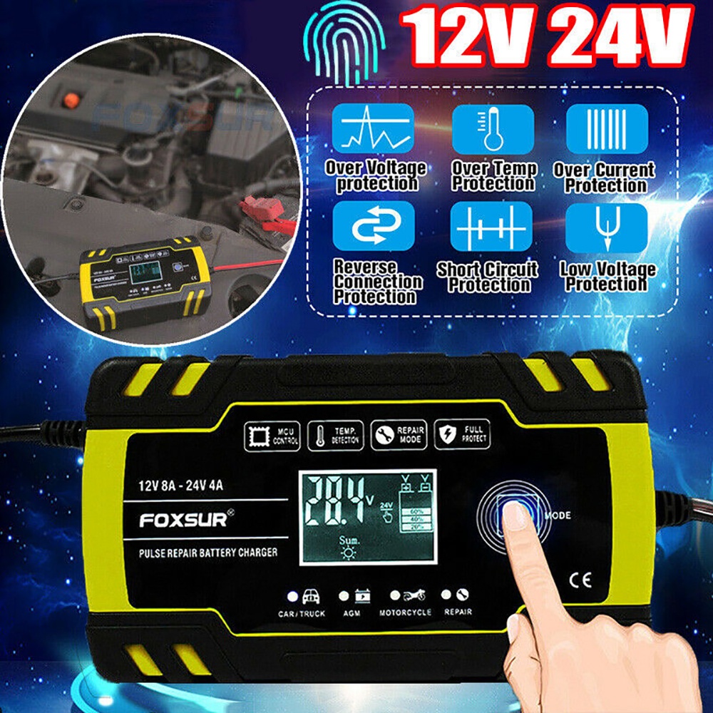 Sạc bình ắc quy ô tô 12V 24V 8A 150AH FOXSUR cảm ứng vân tay thông minh tự ngắt khi đầy chống ngược cực-HÀNG CHÍNH HÃNG