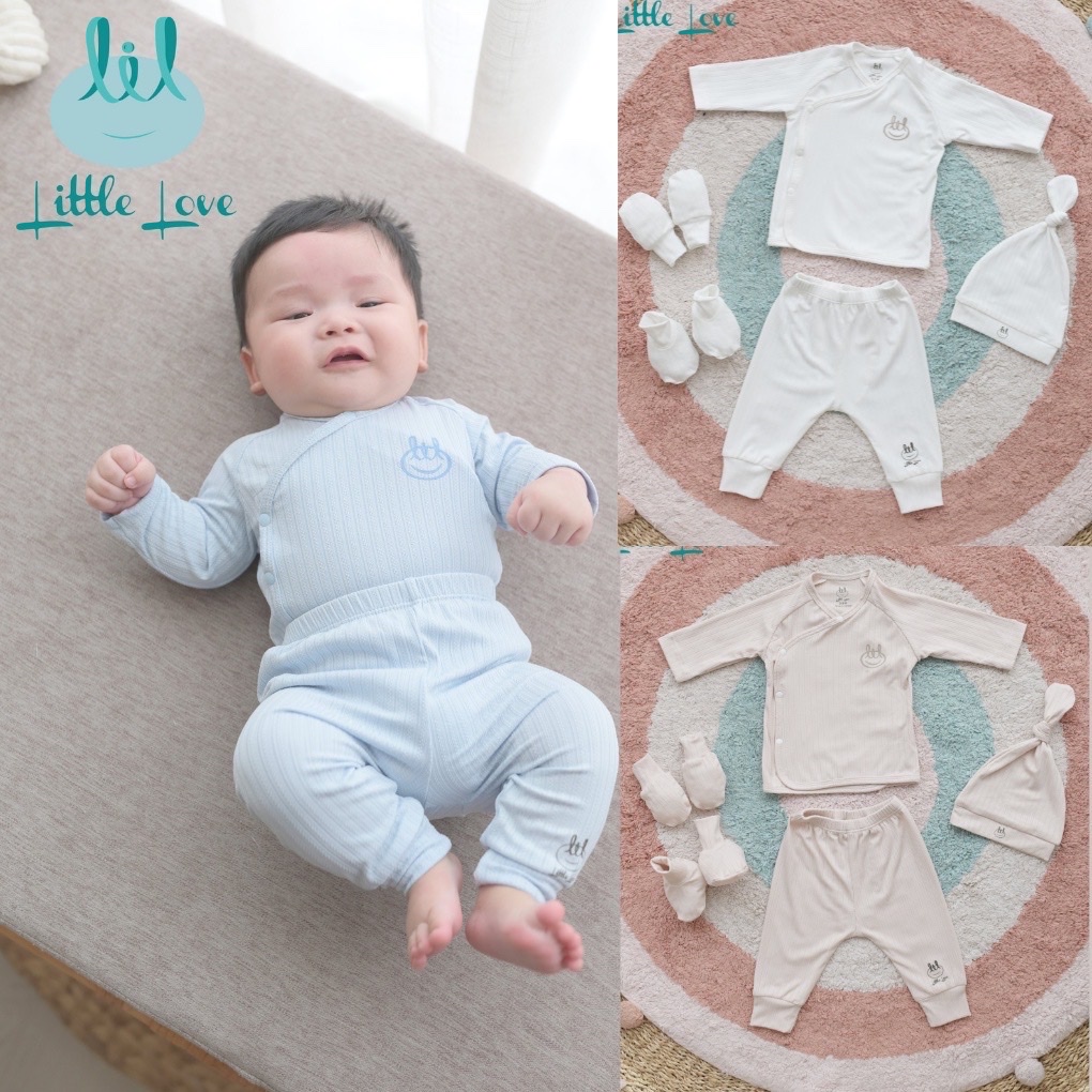 Lillte Love - Bộ sơ sinh vải tăm lụa cho bé trai, bé gái size 0-3M kèm phụ kiện mũ, bao tay, bao chân