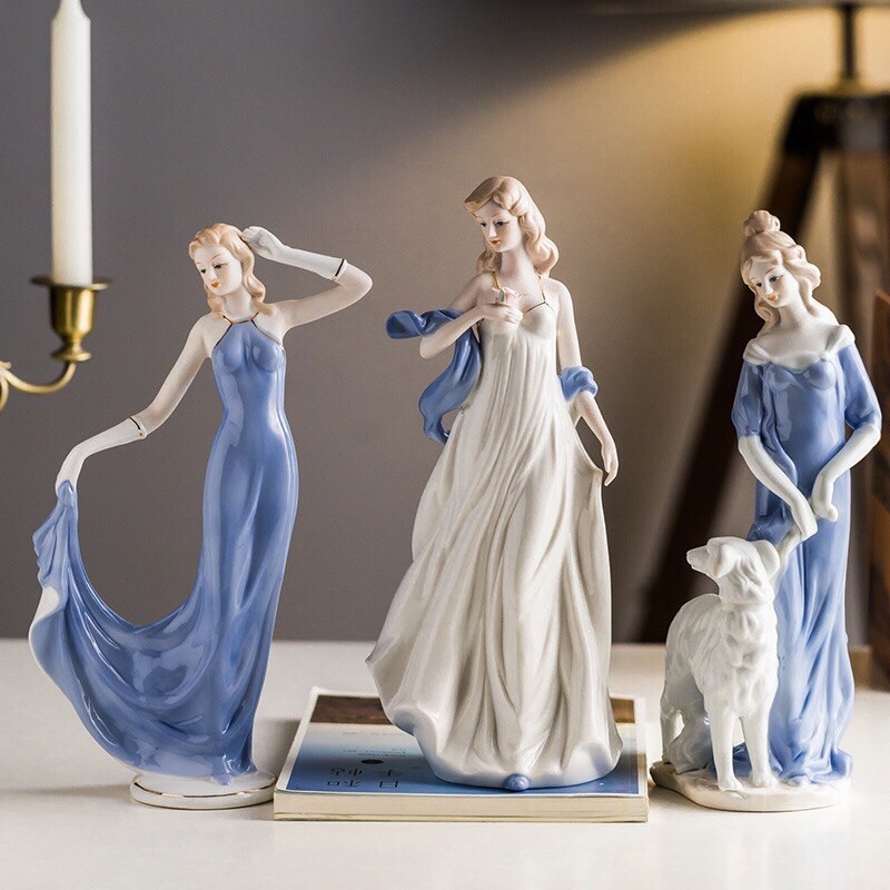 [Sẵn hàng] Tượng trang trí cô gái Châu Âu gốm sứ cao cấp, búp bê sứ trang trí nhà cửa