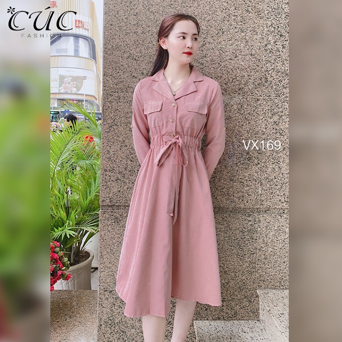 Váy đầm liền thân dáng xòe công sở Cúc Fashion VX169 đầm váy đũi cổ vest