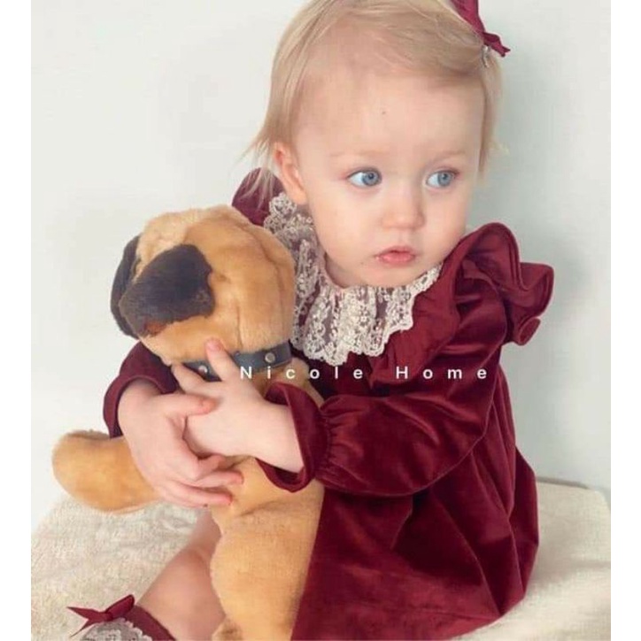 Váy nhung đỏ cổ ren tay bèo Mine xuất hàn cho bé gái 1-5y